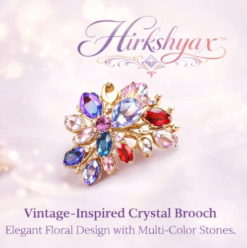 Hirkshyax™ Vintage-Inspired Crystal Brooch – Elegant Floral Design with Multi-Color Stones