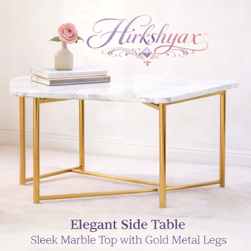 Hirkshyax™ Elegant Side Table – Sleek Marble Top with Gold Metal Legs